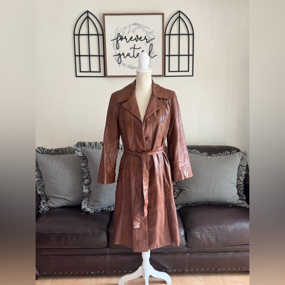 Vintage Rare 24K By Dan Di Modes Brown Leather Belted Trench Coat Fall - Picture 13 of 16